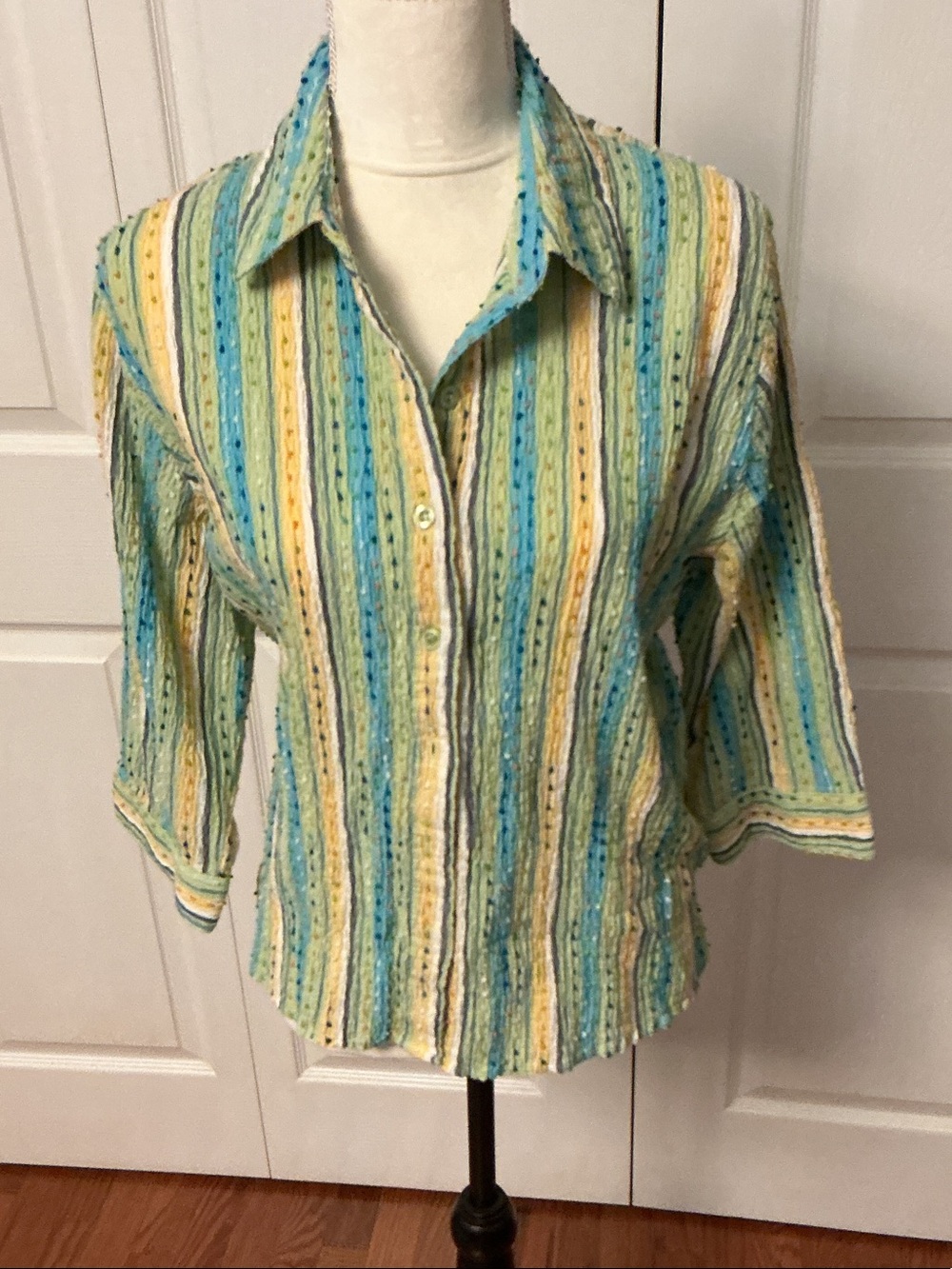 breckenridge Striped Button-Front Shirt in Aqua, Yellow and White
